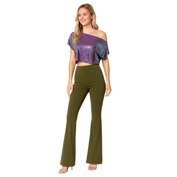 2/$30 Nwt XS Iridescent Purple Sequin Metallic Crop Top Chain Details Open Back - Picture 1 of 8